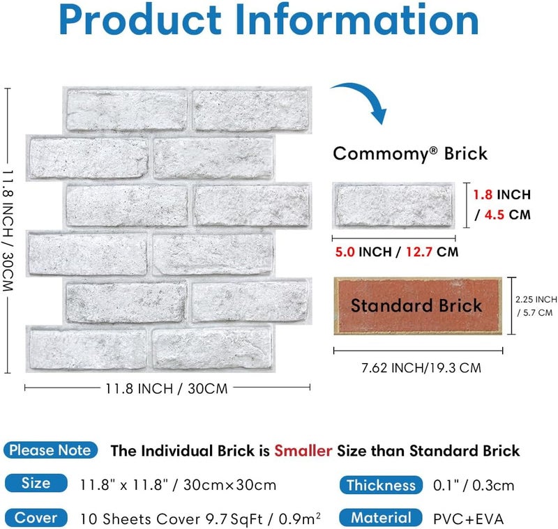 COMSTICKC 3D Faux White Brick Peel and Stick Wall Panels, 10 Pcs of 12"X12", with Gray Spots Atmosphere Design, Small Size Thin PVC Whitewash Brick Self Adhesive Fake Brick Backsplash Interior Decor - Image 3